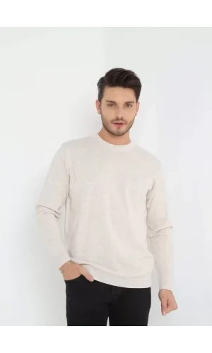 Unisex Uzun Kol Biskilet Yaka Dokuma Triko - Bej