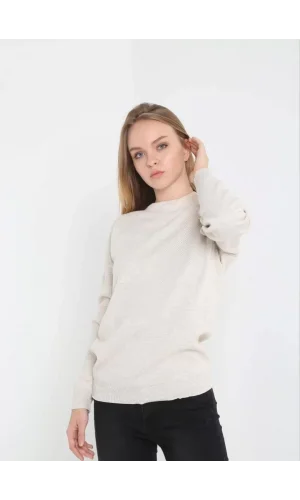 Unisex Uzun Kol Biskilet Yaka Dokuma Triko - Bej