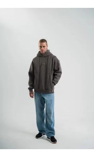 Unisex Uzun Kol Kapşonlu Yıkamalı Nakışlı SweatShirt - Füme