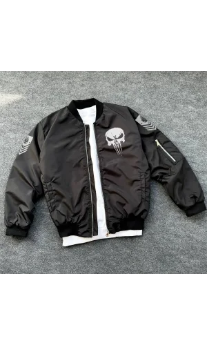 Unisex Uzun Kol Kuru Kafa Baskılı Bomber Ceket - Siyah