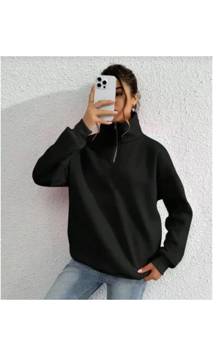 Unisex Uzun Kol Yarım Farmuarlı Yakalı Basic SweatShirt - Siyah