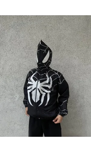 Unisex Uzun Kollu Kapşonlu Rüzgarlik - Siyah