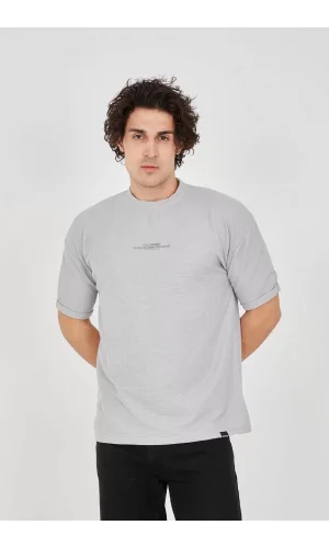 Unisex Waffle Kumaş Rahat Kol T-Shirt - Boyalı Gri