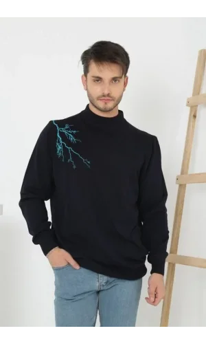 Unisex Yarım Boğazlı Baskılı Dokuma Triko - Siyah