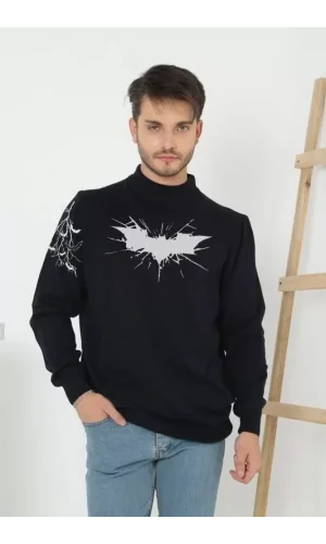 Unisex Yarım Boğazlı Baskılı Dokuma Triko - Siyah