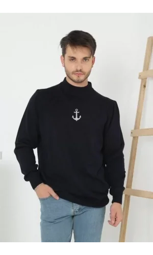 Unisex Yarım Boğazlı Baskılı Dokuma Triko - Siyah