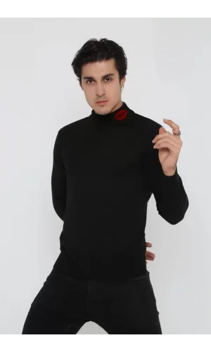 Unisex Yarım Boğazlı Baskılı Dokuma Triko - Siyah