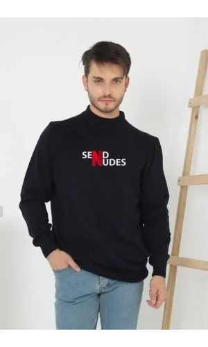 Unisex Yarım Boğazlı Baskılı Dokuma Triko - Siyah