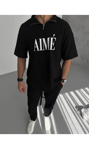Unisex Yarım Fermuarlı Baskılı T-Shirt - Siyah