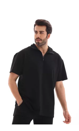 Unisex Yarım Fermuarlı Düz Oversize T-shirt - Siyah