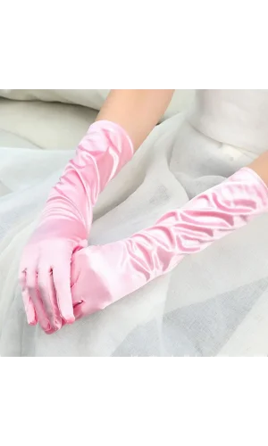 Uzun Boy Ekstra Parlak Saten Eldiven Pembe Renk