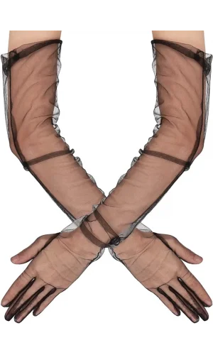 Uzun Boy Likralı Siyah Yetişkin Mega Tül Eldiven