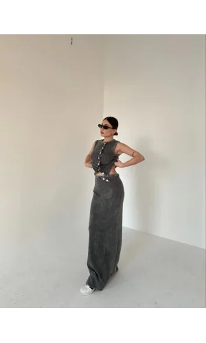 Uzun Etekli Önü Düğmeli Badi İkili Takım- Antrasit