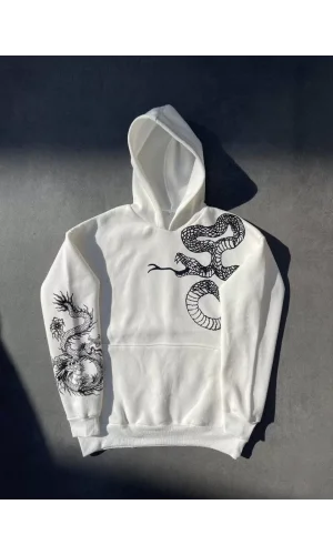 Uzun Kol Kapüşonlu Baskılı SweatShirt - Beyaz