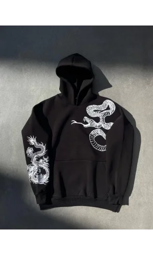 Uzun Kol Kapüşonlu Baskılı SweatShirt - Siyah