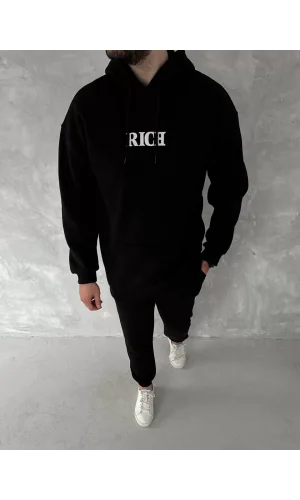 Uzun Kol Kapüşonlu Göğüs Baskılı SweatShirt - Siyah