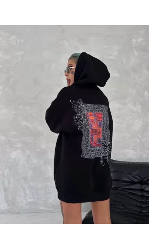 Uzun Kol Kapüşonlu Ön Ve Arka Baskılı SweatShirt - Siyah
