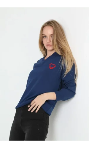 Uzun Kol V Yaka Baskılı Dokuma Triko - Indigo