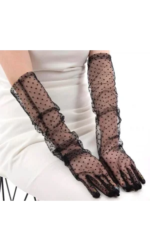 Uzun Siyah Puantiyeli Yetişkin Tül Eldiven