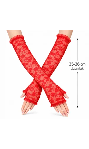 Uzun Zarif Dantel Eldiven Parmaksız Kırmızı