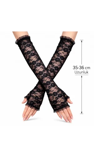 Uzun Zarif Dantel Eldiven Parmaksız Siyah