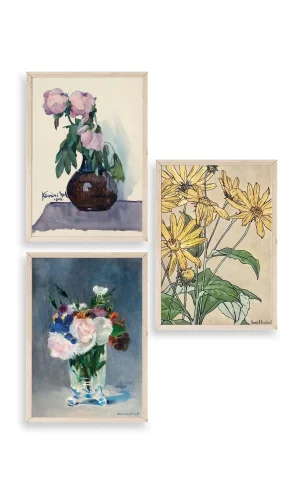 Vazodaki Çiçekler Üçlü Ahşap Çerçeveli Tablo