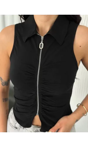 Yakalı Tam Fermuarlı Kolsuz Bluz - Siyah