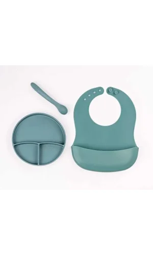 Yeşil 3’lü Silikon Yemek Seti – Önlük + Diş Kaşıyıcılı Kaşık + Vakumlu Tabak
