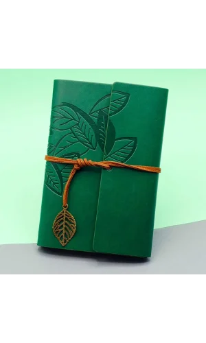 Yeşil Yaprak Desenli Deri Defter