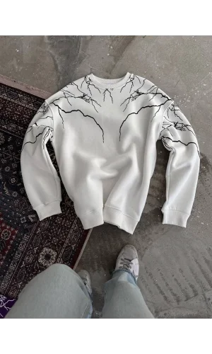 Yıldırım Baskılı Bisiklet Yaka SweatShirt - Beyaz