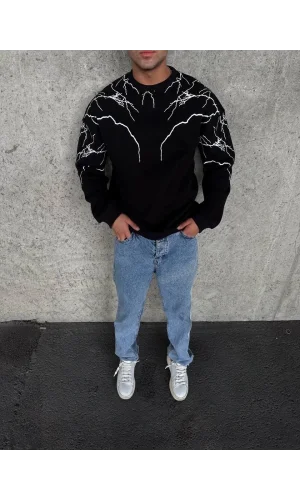 Yıldırım Baskılı Bisiklet Yaka SweatShirt - Siyah