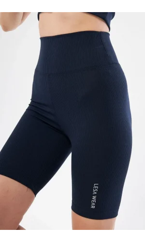 Yüksek Bel Fitilli Biker Baskılı Şort - Lacivert