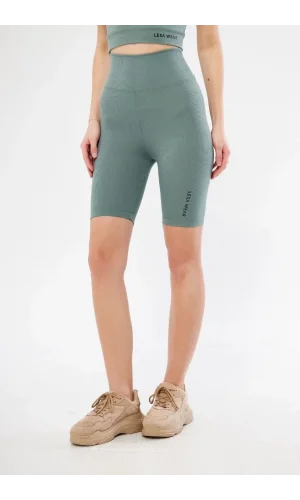 Yüksek Bel Fitilli Biker Baskılı Şort - Mint Yeşili