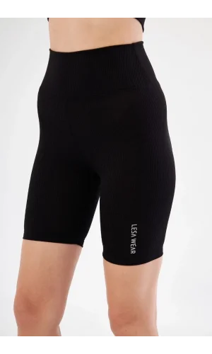 Yüksek Bel Fitilli Biker Baskılı Şort - Siyah