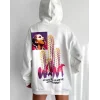 Baskılı Üç İplik Kapüşonlu Oversize Sweatshirt - Beyaz