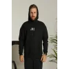 Erkek Baskılı Oversize Üç İplik Kapüşonlu Sweatshirt - Siyah