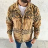 Erkek Desenli Düğmeli Polar Gömlek – Hardal Paisley Desen Yakalı, Uzun Kollu, Oversize Rahat Kalıp - Sarı