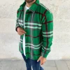Erkek Ekose Desenli Düğmeli Polar Yakalı Uzun Kollu Gömlek Oversize Rahat Kalıp - Yeşil