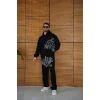 Erkek Kapüşonlu Eşofman Takım Graffiti Baskılı Oversize Rahat Kalıp, Kanguru Cepli, Streetwear Tarzında Premium Ürün 3 iplik Pamuklu - Siyah