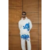 Erkek Kapüşonlu Eşofman Takım Graffiti Baskılı  Oversize Rahat Kalıp, Kanguru Cepli, Streetwear Tarzında Premium Ürün 3 iplik Pamuklu - Beyaz