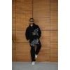 Erkek Kapüşonlu Eşofman Takım Graffiti Baskılı Oversize Rahat Kalıp, Kanguru Cepli, Streetwear Tarzında Premium Ürün 3 iplik Pamuklu - Siyah