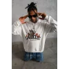Erkek Oversize Kapüşonlu Sweatshirt – Beyaz Renk Üç İplik İçi Pamuklu Kanguru Cepli Baskılı Hoodie Rahat Kalıp Kışlık Günlük Kombinlere Uygun - Beyaz