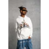 Erkek Oversize Kapüşonlu Sweatshirt – Beyaz Renk Üç İplik İçi Pamuklu Kanguru Cepli Baskılı Hoodie Rahat Kalıp Kışlık Günlük Kombinlere Uygun - Beyaz