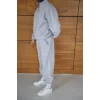 Erkek Premium Parçalı Eşofman Takım - Dik Yaka Fermuarlı Biyeli Sweatshirt Lastik Paça Alt, Oversize 3 iplik Şardonlu - Gri