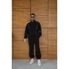 Erkek Premium Parçalı Eşofman Takım - Dik Yaka Fermuarlı Biyeli Sweatshirt Lastik Paça Alt, Oversize 3 iplik Şardonlu - Siyah