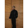 Erkek Premium Parçalı Eşofman Takım - Dik Yaka Fermuarlı Biyeli Sweatshirt Lastik Paça Alt, Oversize 3 iplik Şardonlu - Siyah