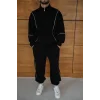 Erkek Premium Parçalı Eşofman Takım - Dik Yaka Fermuarlı Biyeli Sweatshirt Lastik Paça Alt, Oversize 3 iplik Şardonlu - Siyah