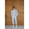 Erkek Premium Parçalı Eşofman Takım - Dik Yaka Fermuarlı Biyeli Sweatshirt Lastik Paça Alt, Oversize 3 iplik Şardonlu - Gri