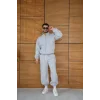 Erkek Premium Parçalı Eşofman Takım - Dik Yaka Fermuarlı Biyeli Sweatshirt Lastik Paça Alt, Oversize 3 iplik Şardonlu - Gri