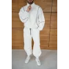 Erkek Premium Parçalı Eşofman Takım - Dik Yaka Fermuarlı Biyeli Sweatshirt Lastik Paça Alt, Oversize 3 iplik Şardonlu - Beyaz